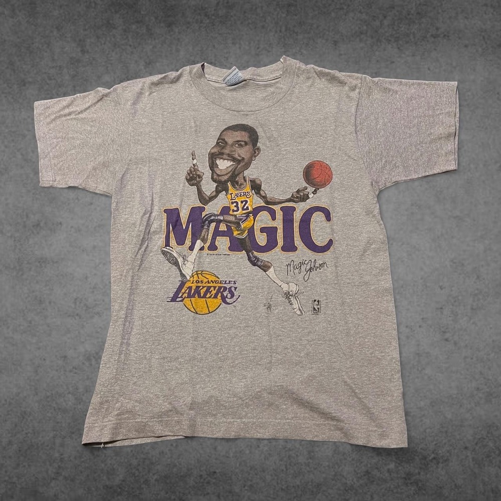 VTG 80s Salem Los Angeles Lakers Magic Johnson Shirt Mens Medium Grey Caricature